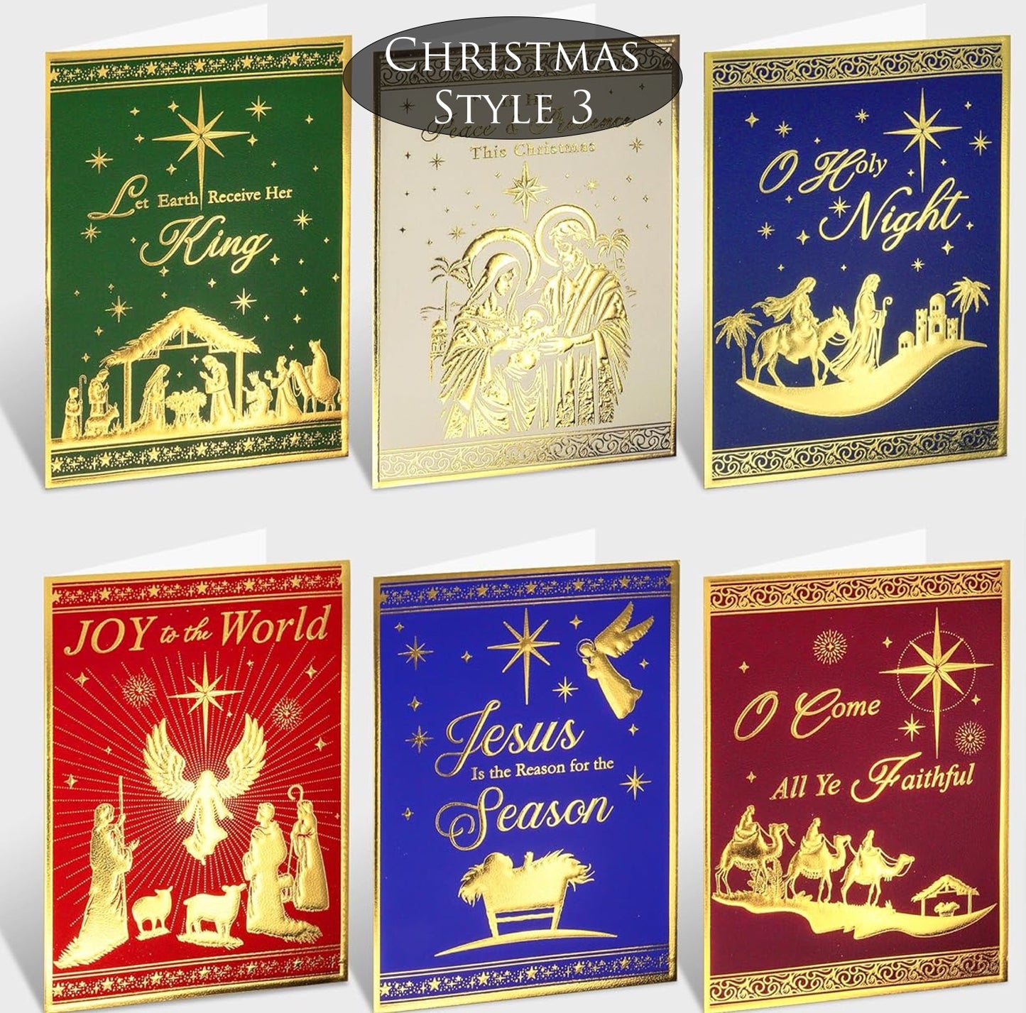 Set of Christmas-themed cards with religious illustrations and text.