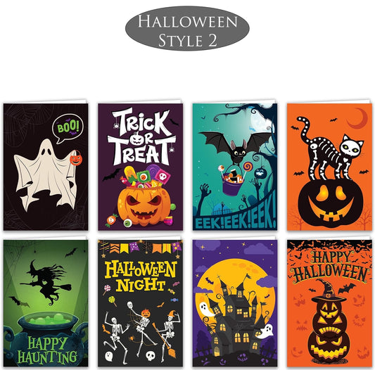 Set of Halloween-themed greeting cards with various designs on a white background.