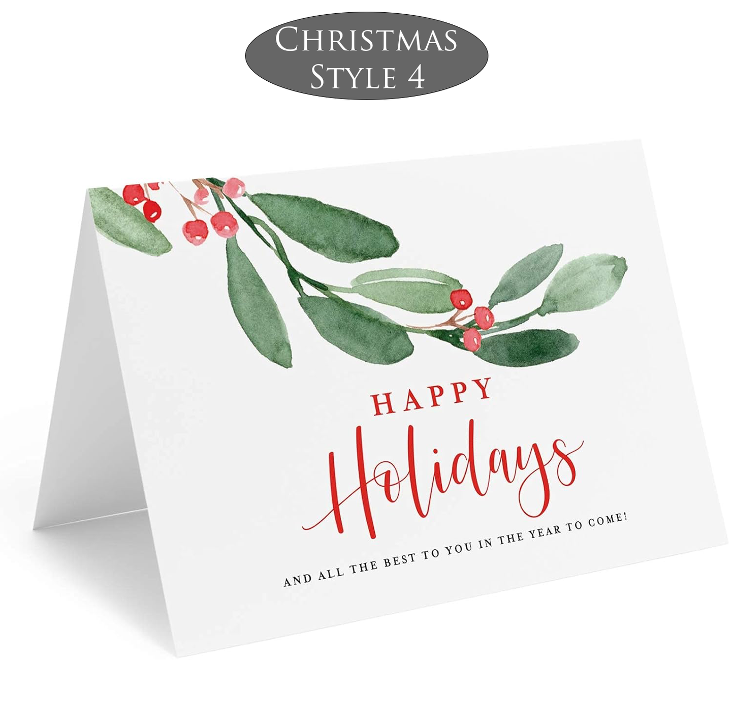 Christmas-themed greeting card with mistletoe design and 'Happy Holidays' text on a white background.